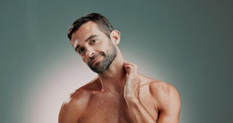 Man, perfume and face spray on neck for beauty, wellness or luxury fragrance for cosmetics. Hygiene, grooming and fresh cologne for aesthetic, aroma and odor prevention product on studio background