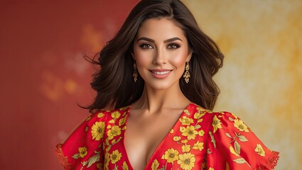 Fototapeta premium Portrait of a smiling young woman in a vibrant red floral dress against a warm, textured background, radiating confidence