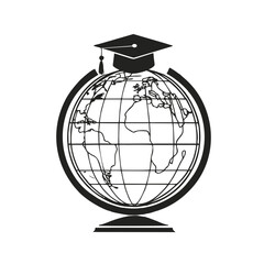 Minimalist Black and White Vector Illustration of a Globe with a Graduation Cap