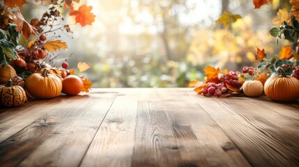 Simple wooden fall table with an empty space in the center, perfect for a product showcase in autumn style 