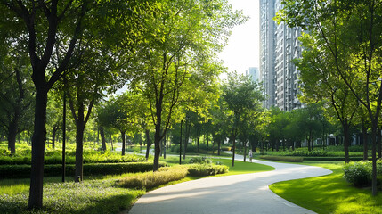 Obraz premium Green City Park With Lush Trees Winding Path And Modern Building In Sunlight