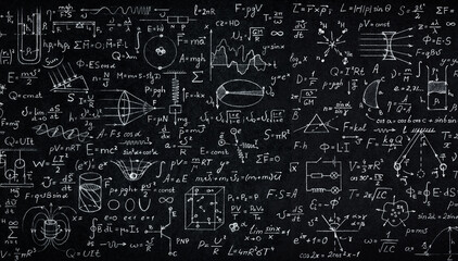 Wide blackboard inscribed with scientific formulas and calculations in physics, mathematics and...