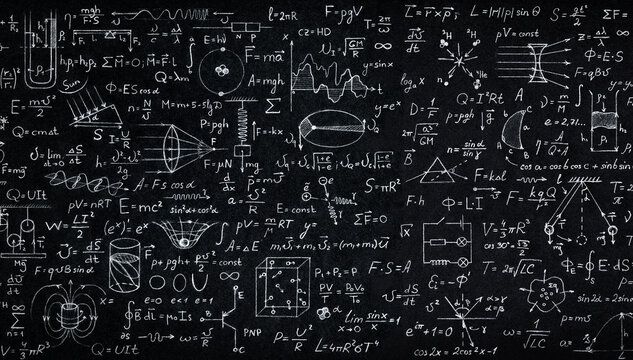 Wide blackboard inscribed with scientific formulas and calculations in physics, mathematics and electrical circuits. Science and education background.