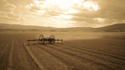 Fototapeta premium Underwater Plow Dusty Overview Sepia Field Sky Details