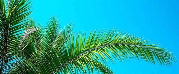 Naklejka premium Vibrant green palm tree silhouetted against a vivid blue sky, image, warm