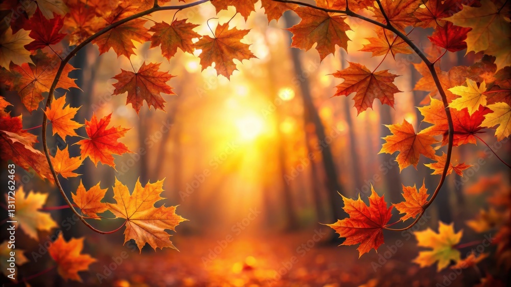 Poster a golden autumnal forest with a view through maple leaves, sunlit by a warm glow that illuminates th