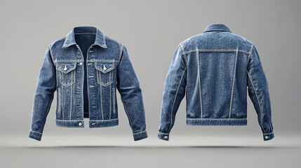 Blue denim jacket with white stitching, front and back view mockup isolated on a grey background