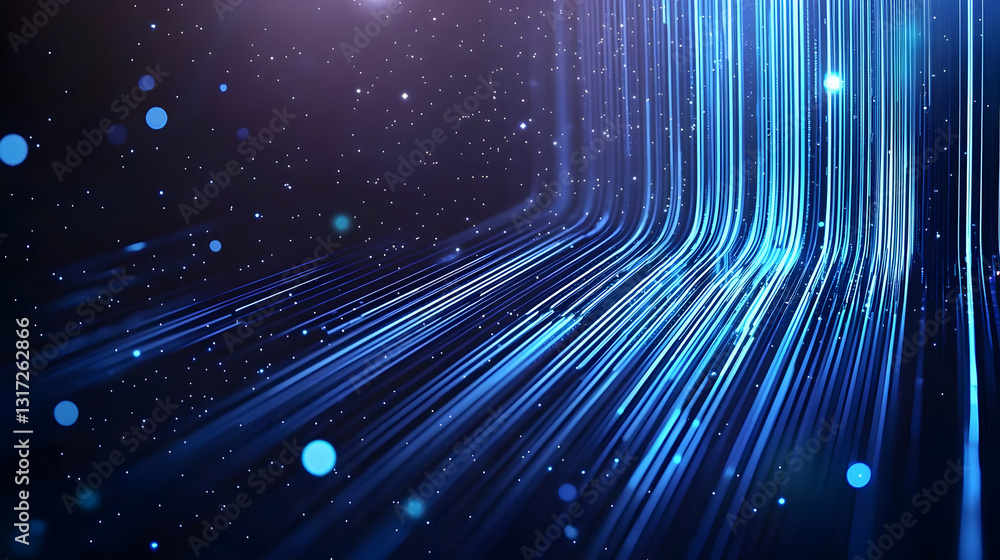 Poster dynamic blue light trails converging in a dark digital space with glowing particles and abstract des