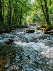 Obraz premium Sunlit stream cascading through a verdant forest with mossy rocks
