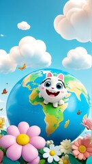 Fototapeta premium A white cat sitting on top of a blue globe surrounded by flowers.