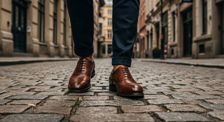 Polished Shoes on Cobblestone Street - Stylish brown leather oxfords on a cobblestone street, symbolizing sophistication, elegance, craftsmanship, urban , and timeless fashion