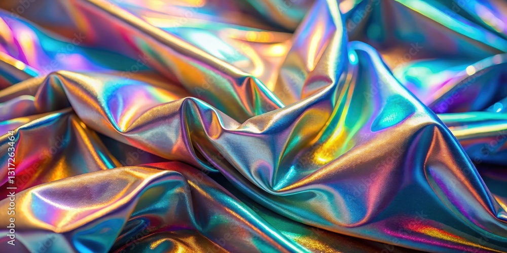 Leinwandbilder Shimmering iridescent fabric with a smooth, silky texture and a vibrant color gradient that transitions from deep blues to warm oranges and pinks.