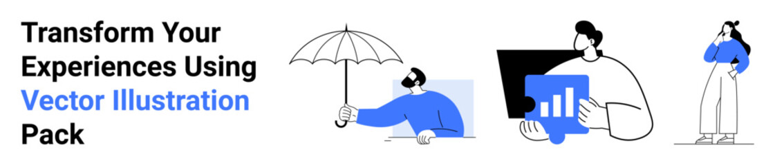 People holding an umbrella, thinking, analyzing data on a screen. Ideal for creativity, analysis, teamwork, problem-solving, innovation, strategy and flat landing page banner