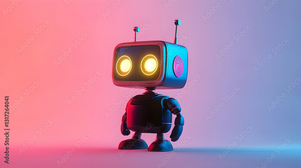 Poster pixel art robot with glowing eyes in neon gradient background 3d render
