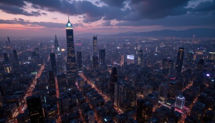 Fototapeta premium A futuristic cityscape from a bird's eye view, with glowing cryptocurrency activities visible, twilight magic lighting.