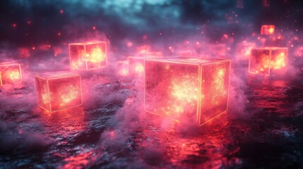 Fototapeta premium Glowing Red Cubes in Mystical Foggy Landscape Abstract Digital Art Sci Fi Scene