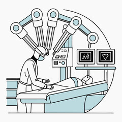 A robotic surgeon performing an operation with multiple articulated arms.

