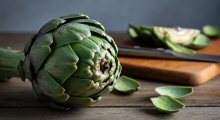 Obraz premium Fresh artichoke with sliced pieces on wooden cutting board, kitchen preparation