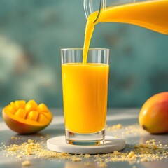Pouring Fresh Mango Juice Into a Glass with Mango Pieces Nearby
