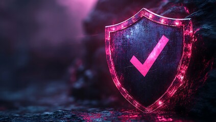 Glowing Neon Shield with Check Mark Cyber Security Concept Illustration