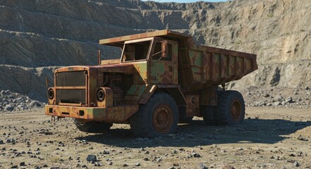 Rusty Mining Truck in Quarry - A weathered, rusty mining dump truck sits abandoned in a sun-drenched quarry. The truck shows significant signs of age and disuse