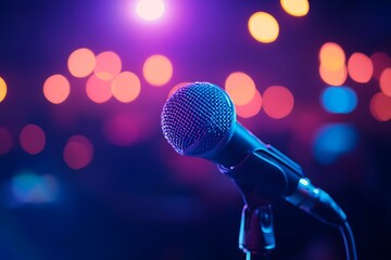 Obraz premium Stage Microphone Close-up Neon Lights Concert Background Music Performance