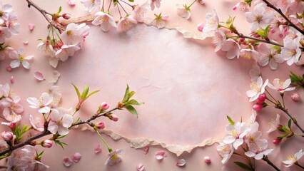 A delicate floral arrangement of pink blossoms surrounding a textured paper background, offering a springtime aesthetic for design and inspiration.