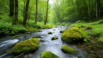 Obraz premium Serene forest stream with vibrant greenery and flowing water