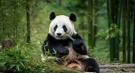 Fototapeta premium Giant panda eating bamboo in lush forest setting