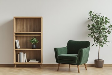 Modern Living Room Interior Design Emerald Velvet Armchair, Wooden Bookshelf, Plant