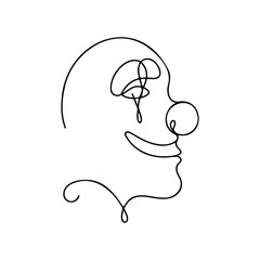 One-line drawing of a clown face in profile