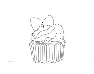 Sweet cupcake simple outline illustration. Continuous line drawing of muffin cake.