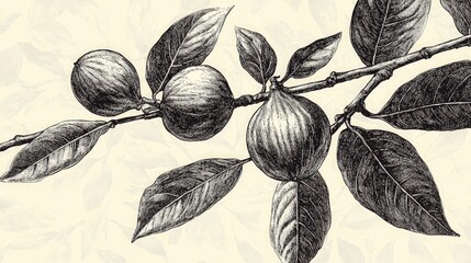 Black and white image of a branch with leaves and round fruits rendered in a detailed, textured style against a light background