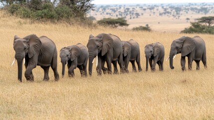 Fototapeta premium Herd of African elephants walking through dry savanna grassland. Image shows eight elephants of varying sizes, in a line. Dry grass and distant trees are visible in background.