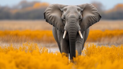 Naklejka premium African elephant standing in a field of yellow flowers, viewed from the front. The elephant is large and gray, its tusks prominent against the bright flowers.