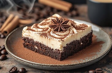 A rich chocolate brownie with swirls of cream cheese frosting, topped with a dusting of cinnamon and ground cocoa powder, served on an elegant plate beside steaming coffee beans in the background.