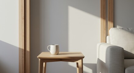Serene Morning Coffee - A minimalist scene of a white mug on a light wood side table, bathed in sunlight near a beige sofa. Peaceful and calming