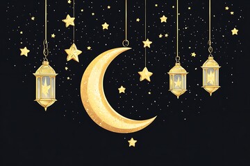 Ramadan Kareem Golden Crescent Moon, Stars, and Lanterns Illustration