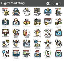 Digital Marketing Line Icons Set. Collection of 30 outline icons representing online advertising, SEO, and social media marketing. vector illustration.