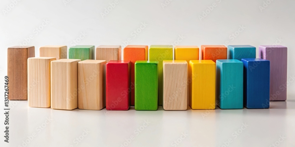 Poster Row of Colorful Wooden Blocks, Arranged in a Pattern, Displaying a Spectrum of Hues, Against a Simple White Background