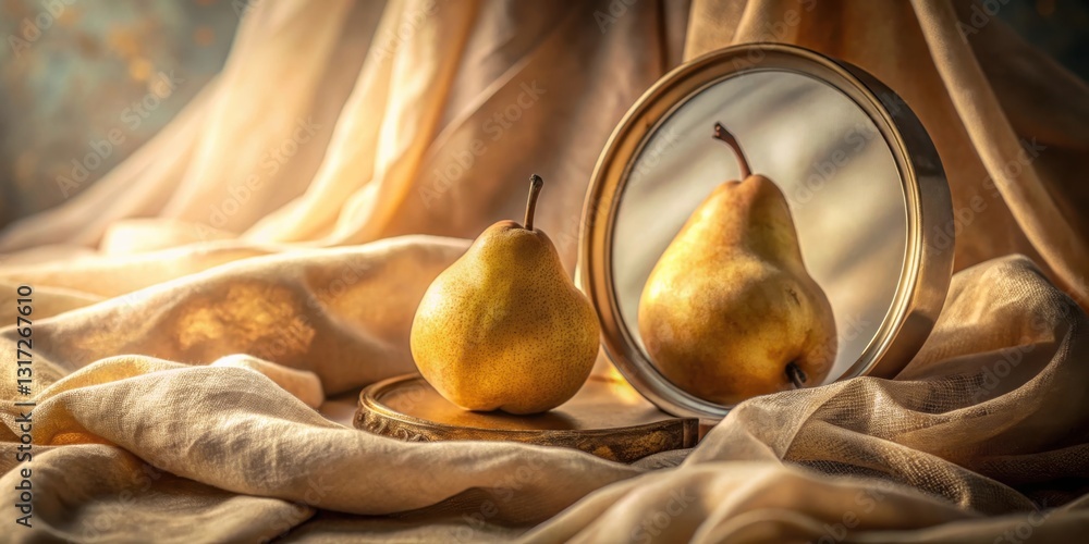Aufkleber a golden pear reflects in a circular mirror on a bed of soft fabric, bathed in warm sunlight.