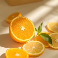 Fresh Citrus Fruits Displayed in Natural Sunlight Composition on Beige Surface
