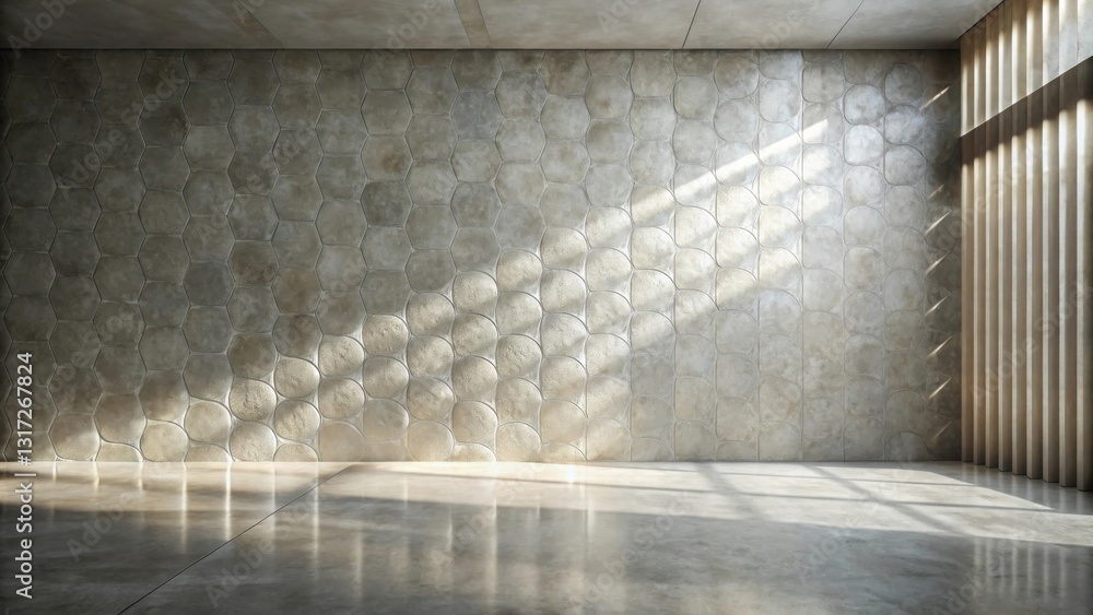 Aufkleber Sunlight streams through the window onto a patterned concrete wall, casting a warm glow across the empty room, creating a tranquil and inviting atmosphere.