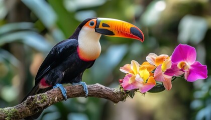 Fototapeta premium Colorful bird perched on a mossy branch near vibrant flowers in natural setting