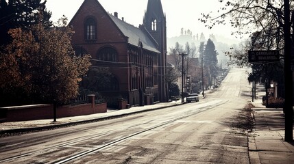 Fototapeta premium Deserted Street in Front of Historic Church on a