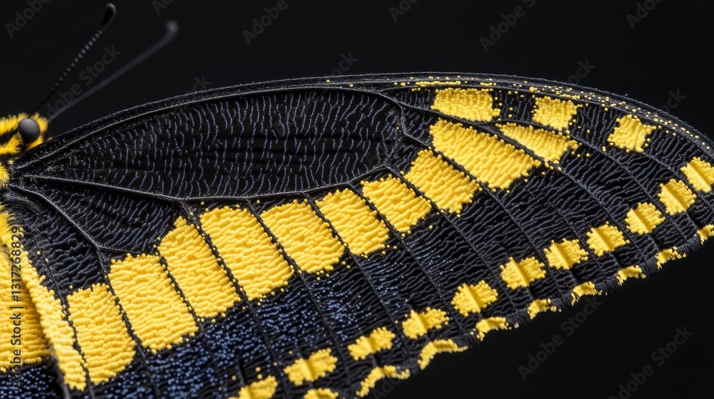 Poster close up of a butterfly wing, showcasing intricate details of yellow and black patterns against a da