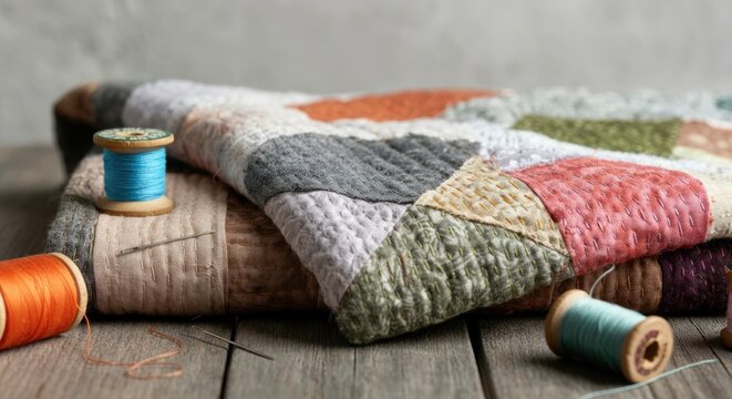 Handmade patchwork quilt with sewing supplies on rustic wooden table