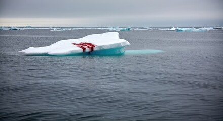 Iceberg with red markings floating in ocean