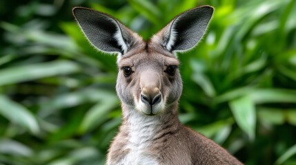 Close up portrait of a kangaroo against a blurred background of lush green foliage. The kangaroo's fur is predominantly gray brown, and its large ears are prominent.
