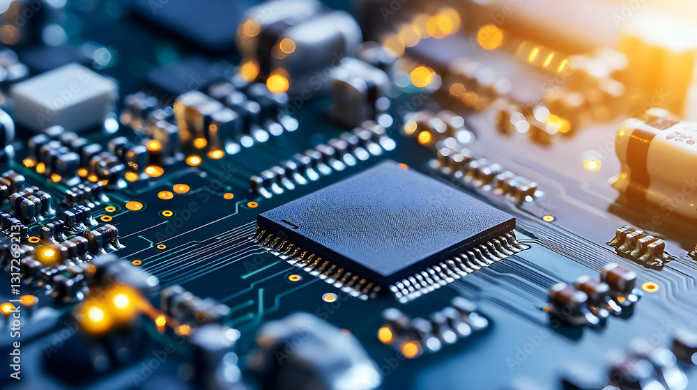Poster close up of a complex blue circuit board with a black microchip and gold and orange illuminated comp